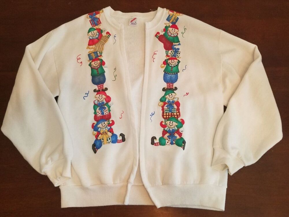 Christmas Elf Cartoon Jersey Brand Fleece Cardigan Size Large